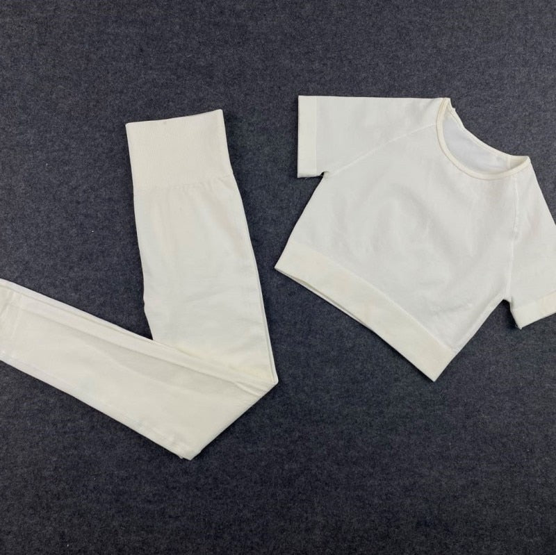 Women Seamless Yoga Set Short Sleeve Crop Top High Waist Sport Leggings Active Wear Gym Suit Workout Clothes For Women