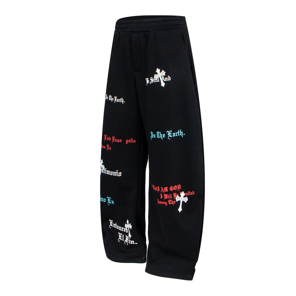 Letter Brand Printed Black Drawstring Wide Leg Fleece Knitted Cropped Sweatpants Loose Floor-Length Pants