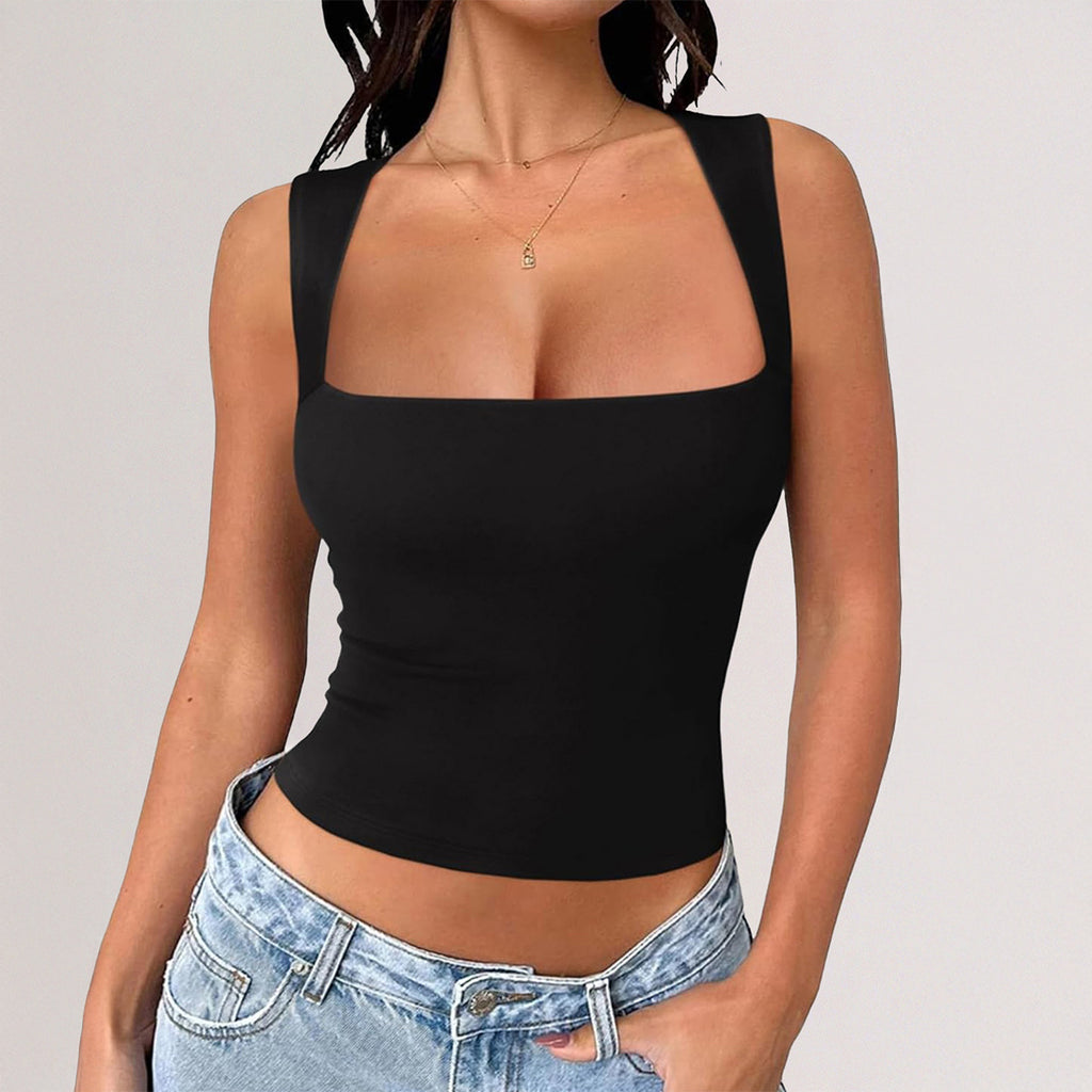 Fitness High Elasticity Sports Square Collar Strap T-shirt