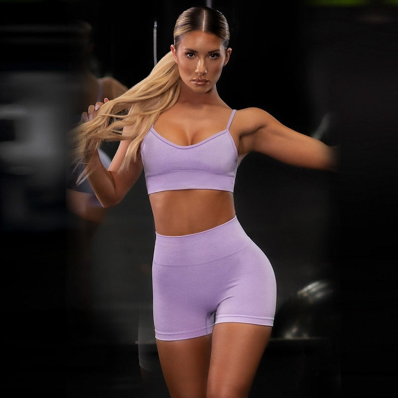 Women Seamless Yoga Set Short Sleeve Crop Top High Waist Sport Leggings Active Wear Gym Suit Workout Clothes For Women