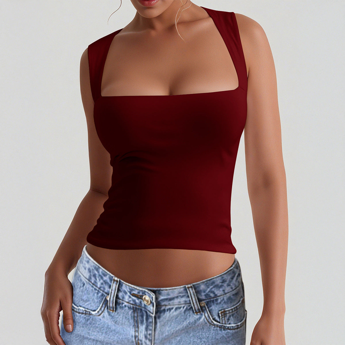 Fitness High Elasticity Sports Square Collar Strap T-shirt