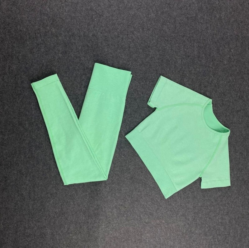 Women Seamless Yoga Set Short Sleeve Crop Top High Waist Sport Leggings Active Wear Gym Suit Workout Clothes For Women