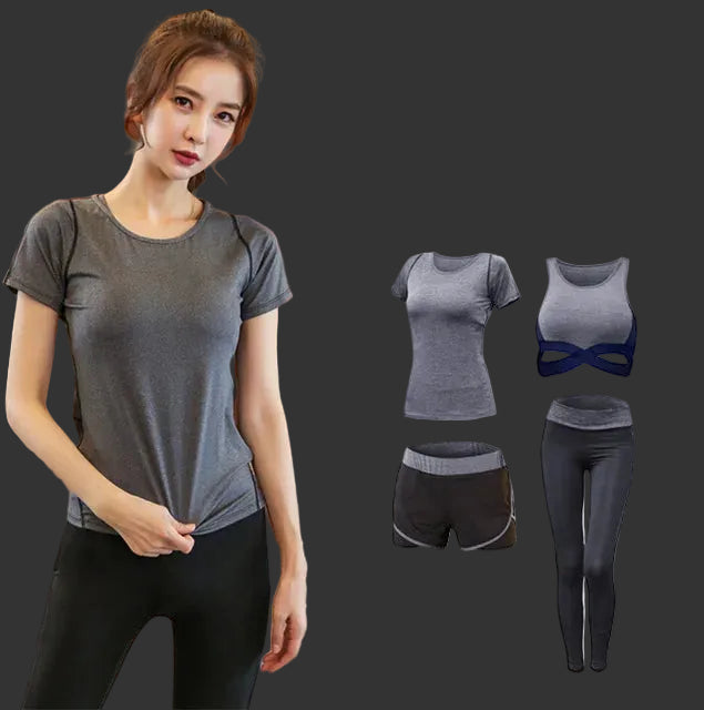 5 pieces sets coat+t shirt+bra+shorts+leggings women yoga clothing quick dry outdoor sports running fitness gym ropa deportiva