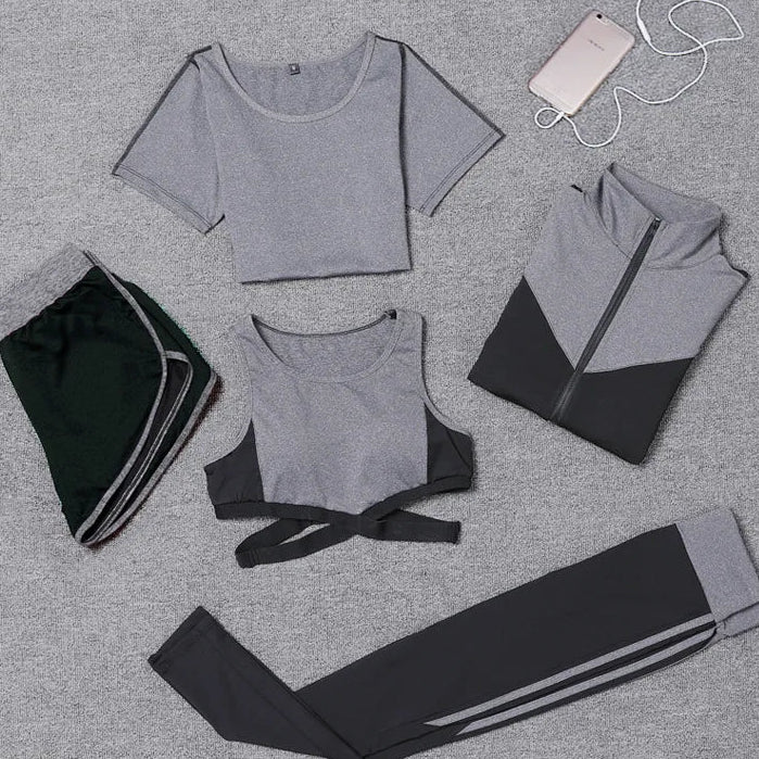 Ensemble 5 pièces : manteau + t-shirt + soutien-gorge + short + legging, vêtements de yoga pour femme, séchage rapide, sports de plein air, course à pied, fitness, salle de sport.
