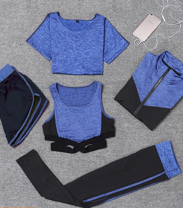 5 pieces sets coat+t shirt+bra+shorts+leggings women yoga clothing quick dry outdoor sports running fitness gym ropa deportiva