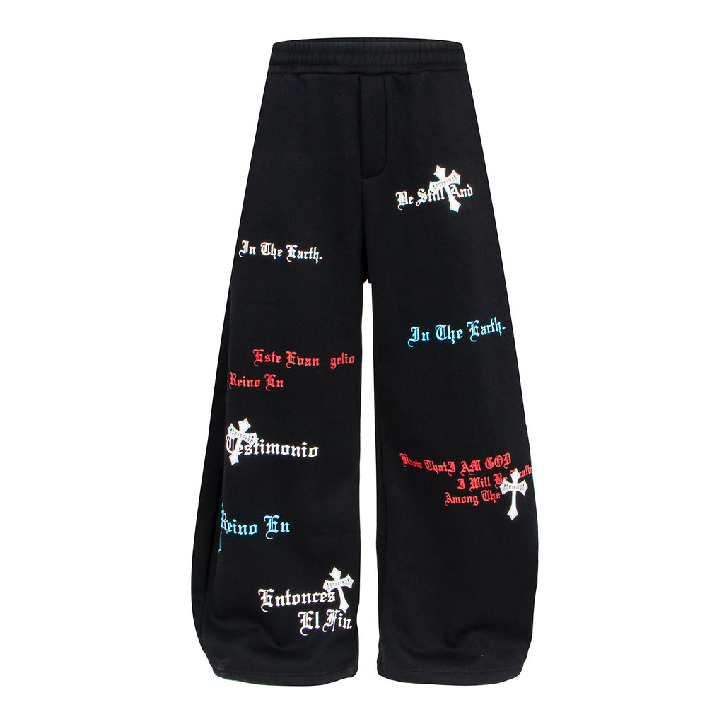 Letter Brand Printed Black Drawstring Wide Leg Fleece Knitted Cropped Sweatpants Loose Floor-Length Pants