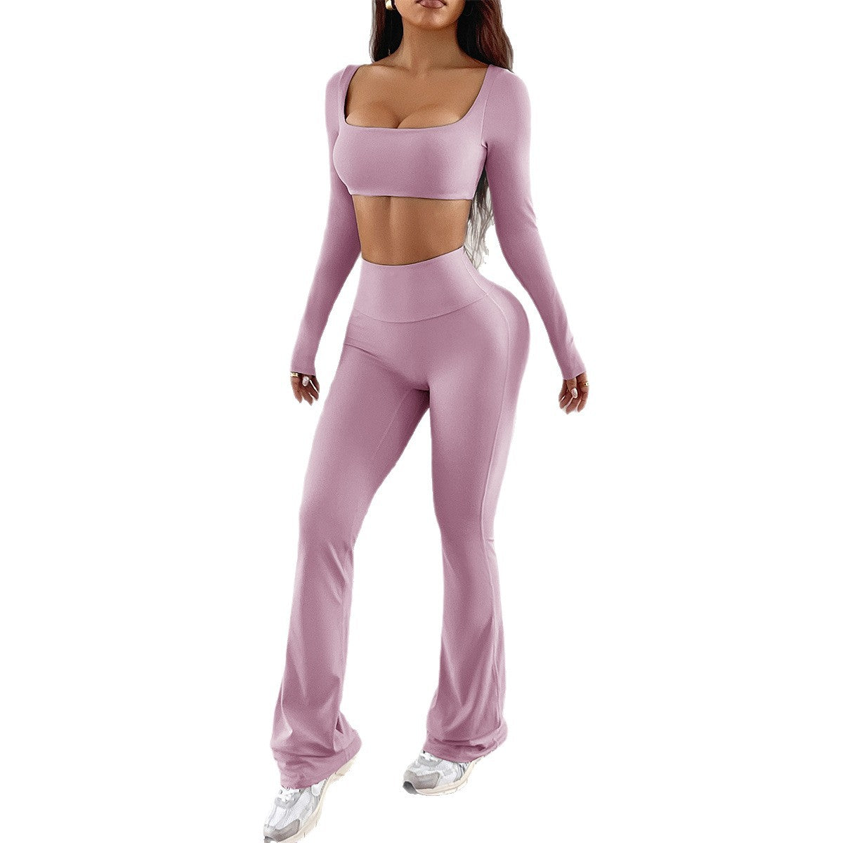 Yoga exercise solid color long sleeved shirt long pants fitness suit for women