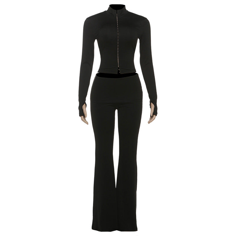 Stand up collar slim fit and slimming hook and loop cardigan top casual pants set