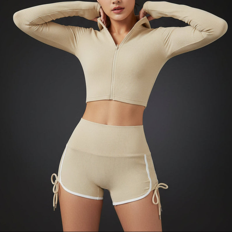Ribbing Zipper Sexy Seamless Yoga Set Women 2 Piece Fitness Long Sleeve Crop Top Vest High Waist Leggings Gym Workout Set Women