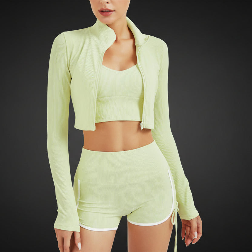 Ribbing Zipper Sexy Seamless Yoga Set Women 2 Piece Fitness Long Sleeve Crop Top Vest High Waist Leggings Gym Workout Set Women