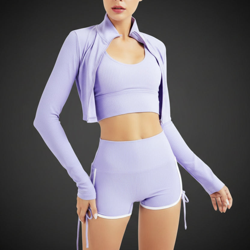 Ribbing Zipper Sexy Seamless Yoga Set Women 2 Piece Fitness Long Sleeve Crop Top Vest High Waist Leggings Gym Workout Set Women