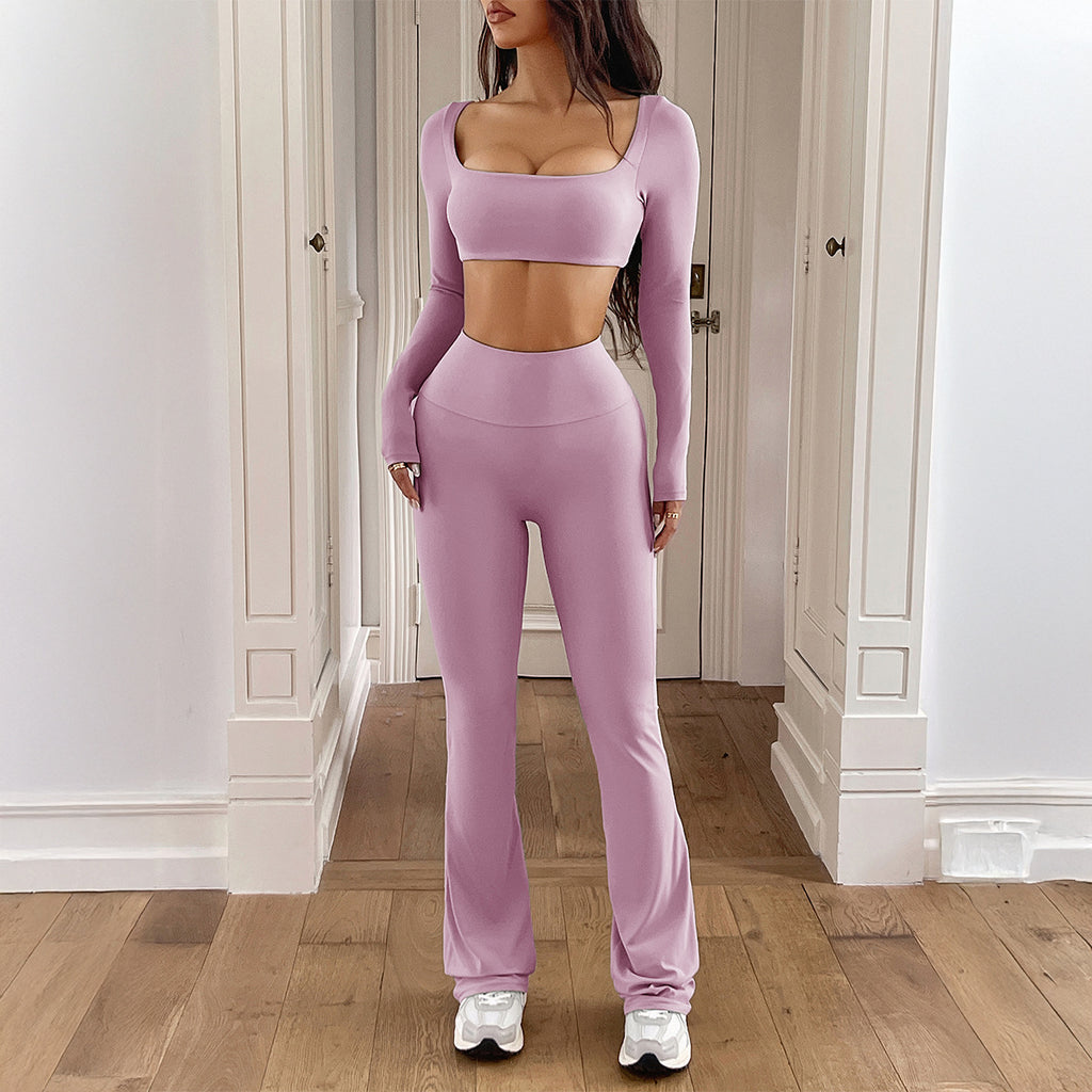 Yoga exercise solid color long sleeved shirt long pants fitness suit for women