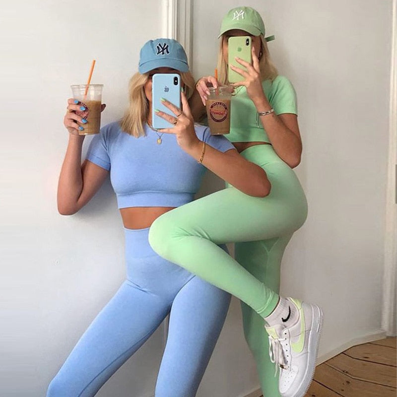 Women Seamless Yoga Set Short Sleeve Crop Top High Waist Sport Leggings Active Wear Gym Suit Workout Clothes For Women