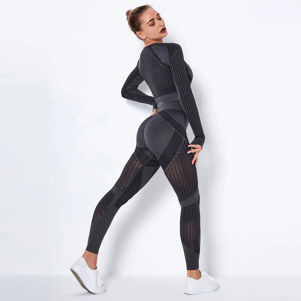 Conjuntos deportivos sin costuras para mujer, leggings de malla de cintura alta, camisetas de manga larga, conjuntos deportivos finos para fitness, entrenamiento y running.