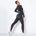 Conjuntos deportivos sin costuras para mujer, leggings de malla de cintura alta, camisetas de manga larga, conjuntos deportivos finos para fitness, entrenamiento y running.