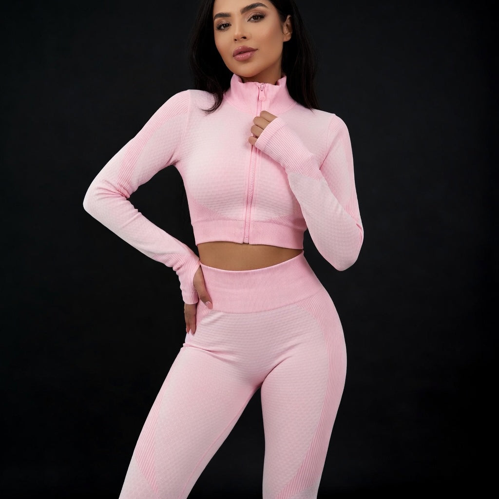 Conjunto de yoga sin costuras para mujer, ideal para primavera. Camisetas de yoga de manga larga con cremallera + leggings de gimnasio con efecto push-up. Conjunto deportivo de 2 piezas para entrenar.