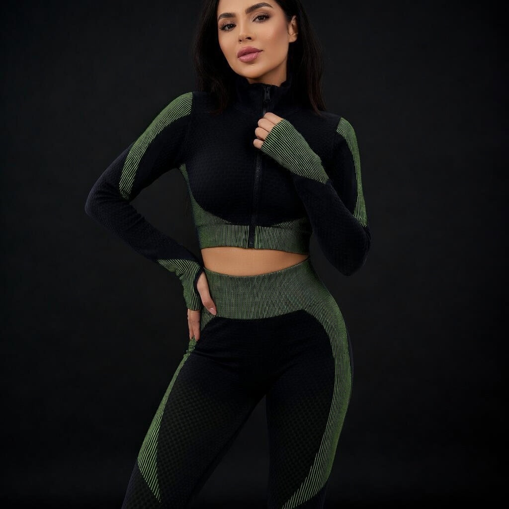 Spring Women Seamless Yoga Set Long Sleeve Zipper Yoga Shirts+ Gym Leggings Push Up Fitness Tracksuits 2Pcs Workout Wear